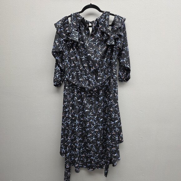 Lane Bryant Dress Womens 16P Black Floral Ruffle Cold Shoulder Belted Midi - Picture 4 of 14